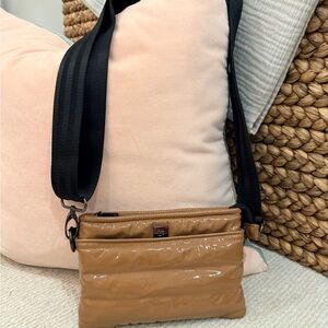 THINK ROYLN Glossy Tan Quilted Crossbody with Black Strap